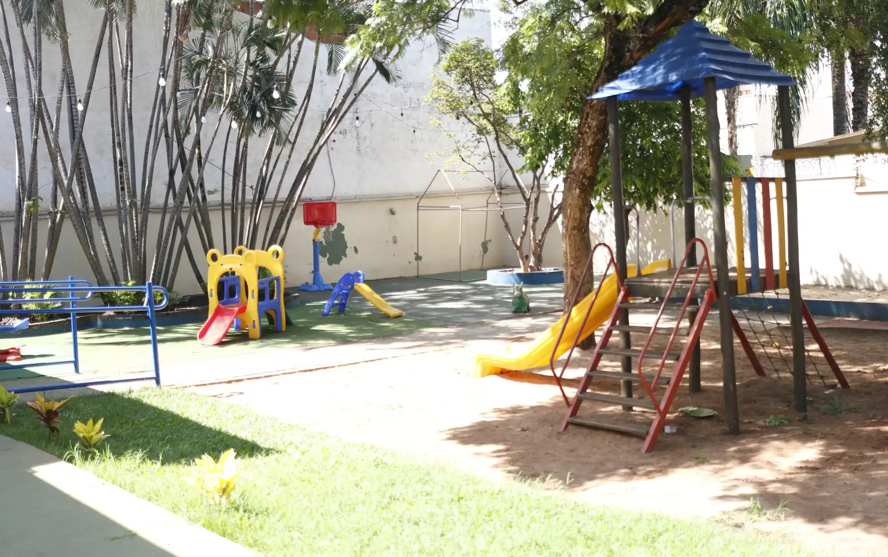 Quintal da escola: playground de madeira com escorregador amarelo, gramado, bambus e uma árvore grande